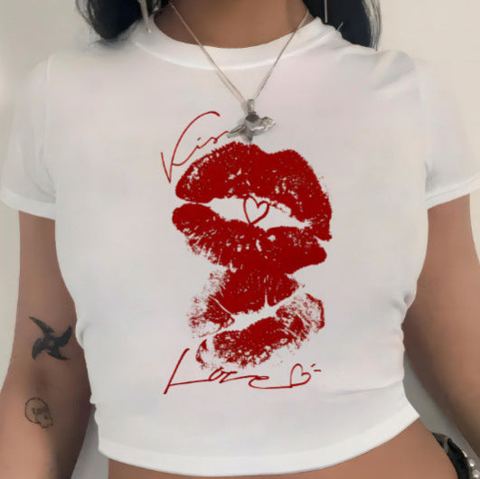 Women's Lips Print Crop T-Shirt