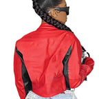 Women's Cropped Faux Leather Jacket with Contrast Details