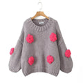 Women's Polka Dot Knit Sweater with Voluminous Sleeves and Floral Design