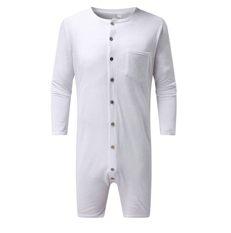 Women's Long-Sleeve Jumpsuit with Button Placket and Chest Pocket