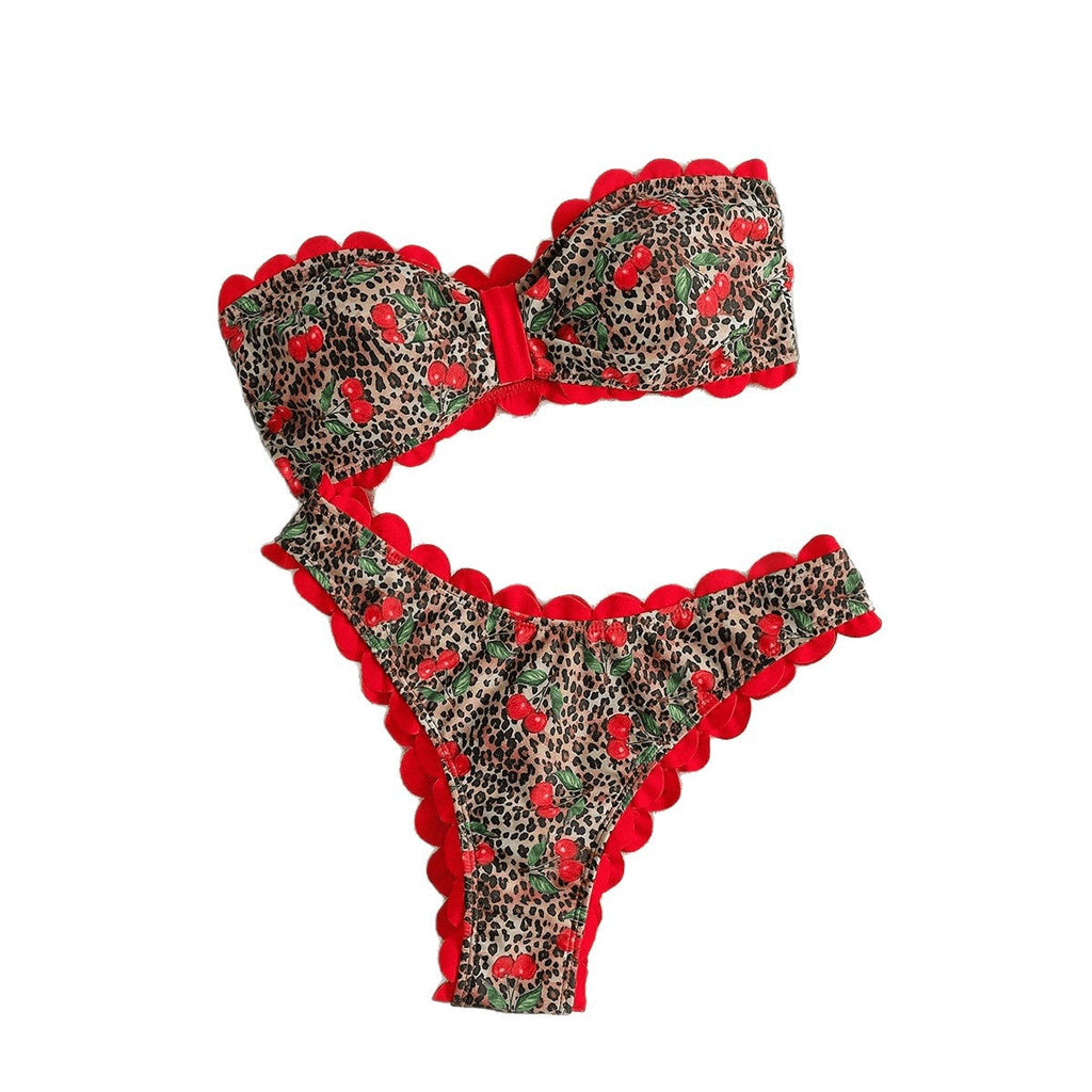 Women's Bandeau Bikini with Leopard Print and Ruffles
