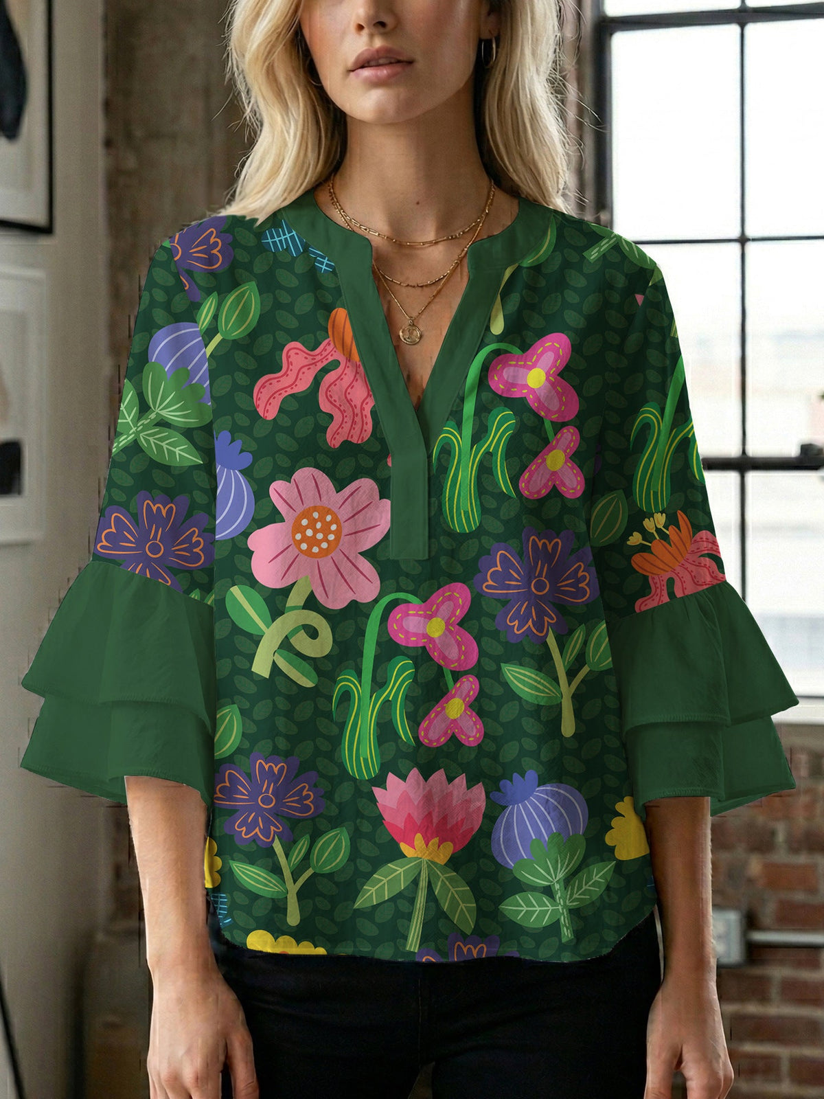 Women's Blouse with Voluminous Sleeves and Floral Design