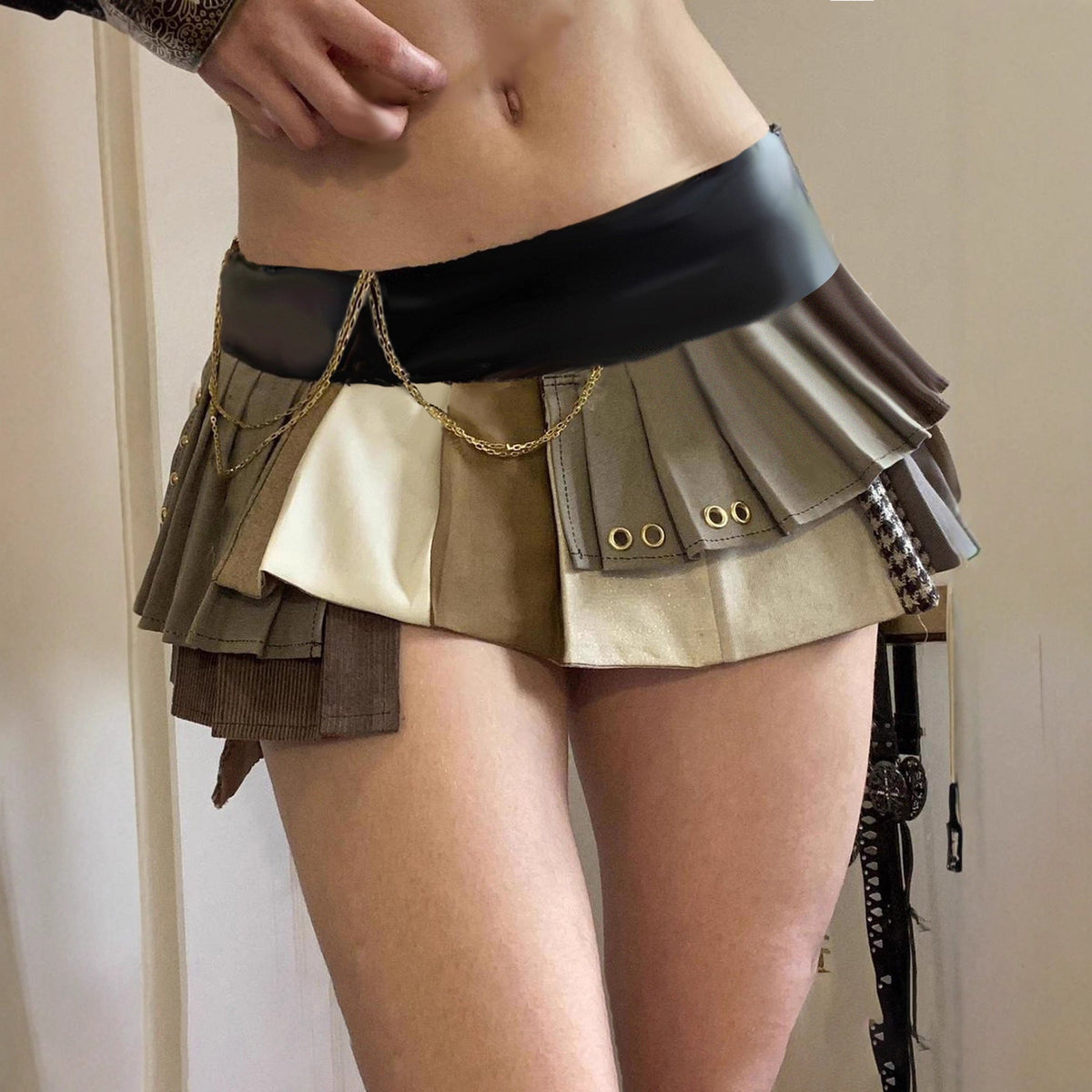 Women's Fashionable Mini Skirt with Mixed Fabric Layers and Ruffles