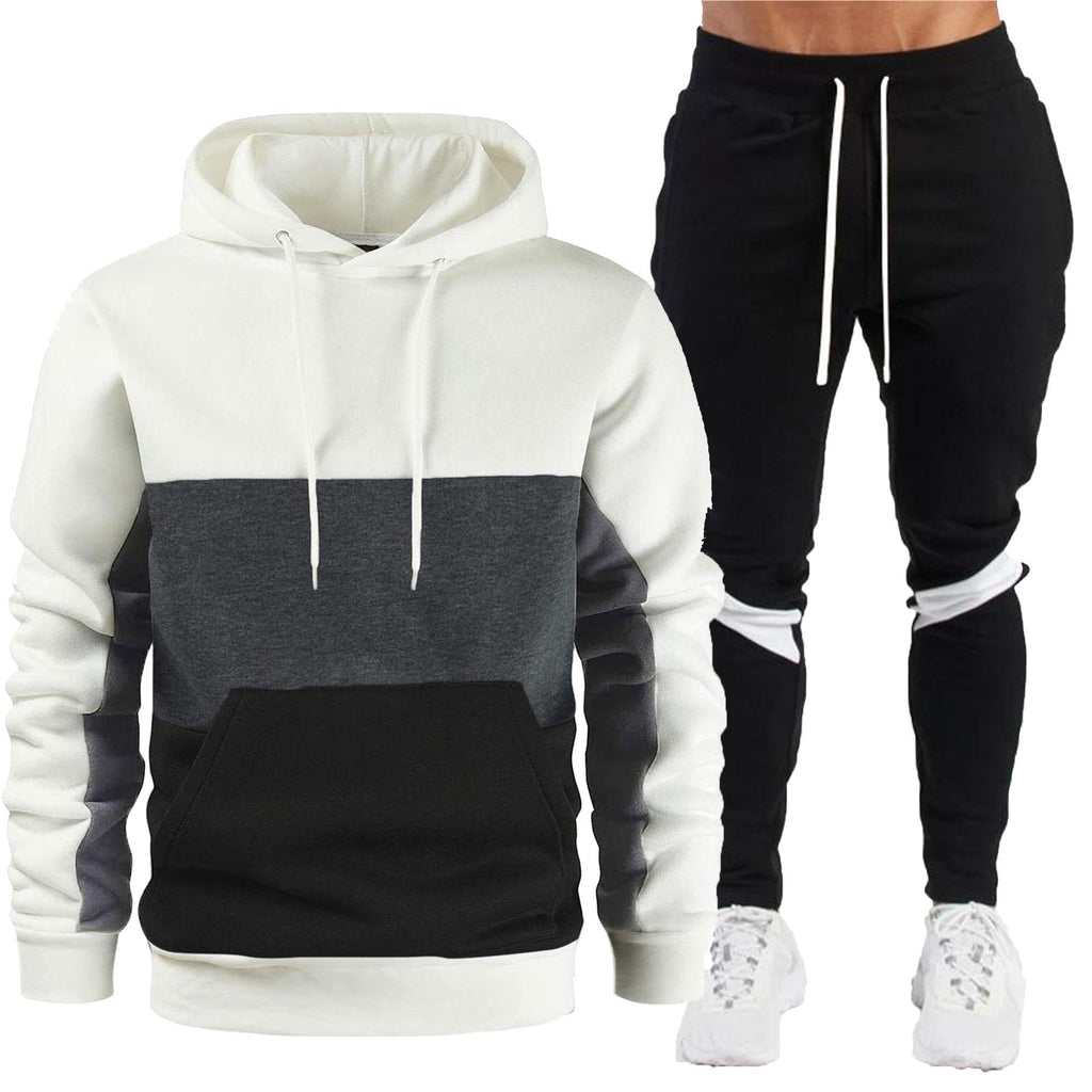 Men's sporty hoodie and jogger set with contrast trims, kangaroo pocket, elastic waistband, and tapered leg