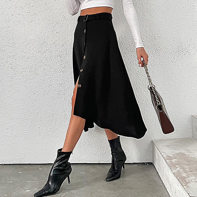 Women's Midi Skirt with Decorative Button Details and Tie Belt