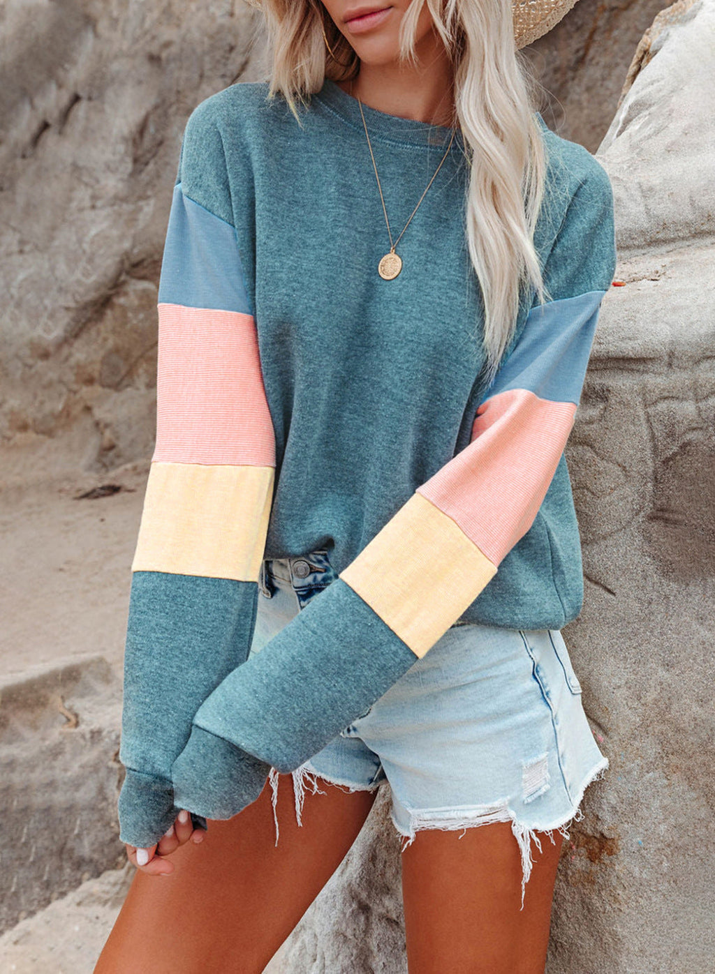 Women's Casual Pullover with Colorful Sleeve Design