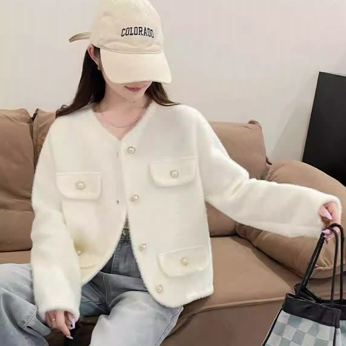Women's Fluffy Cardigan with Decorative Buttons and Pockets