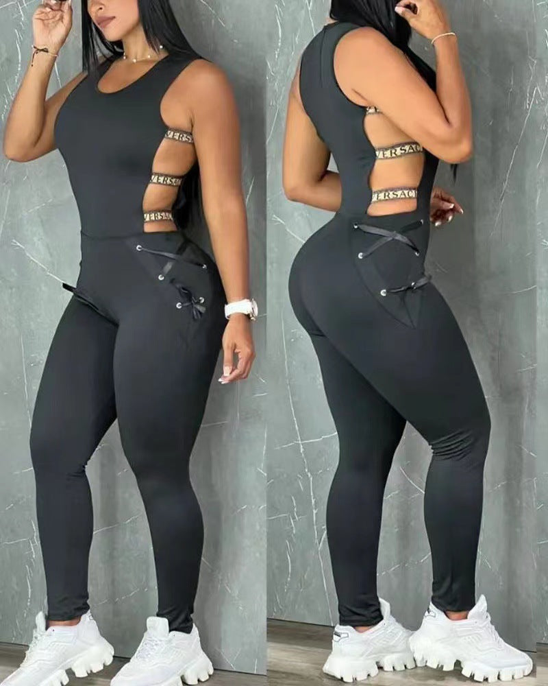 Women's Bodycon Jumpsuit with Cut-Out Details and Fashion Belt