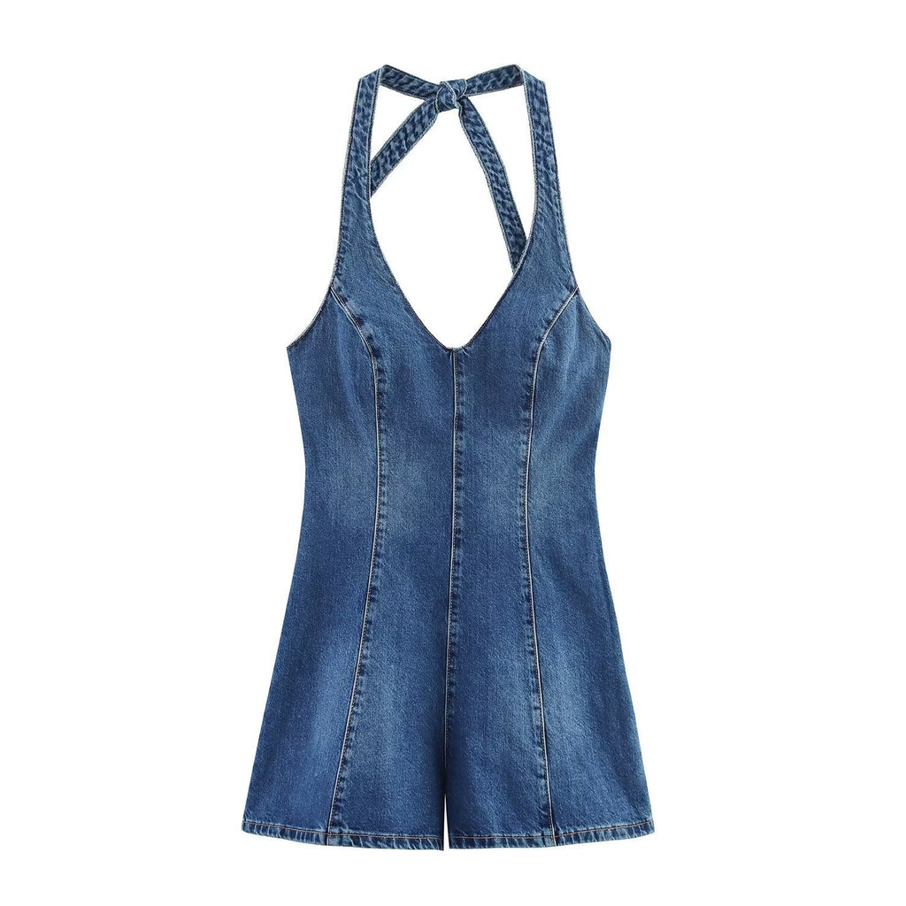 Women's Denim Jumpsuit with Crisscross Straps