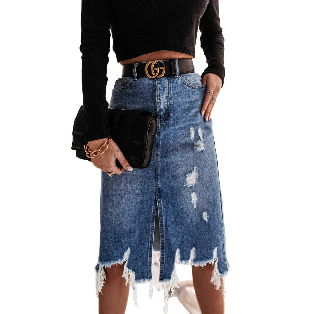 Women's Midi Denim Skirt with Frayed Hem and Vertical Slit