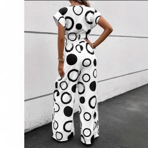 Women's Jumpsuit with Modern Circle Pattern and Waist Belt