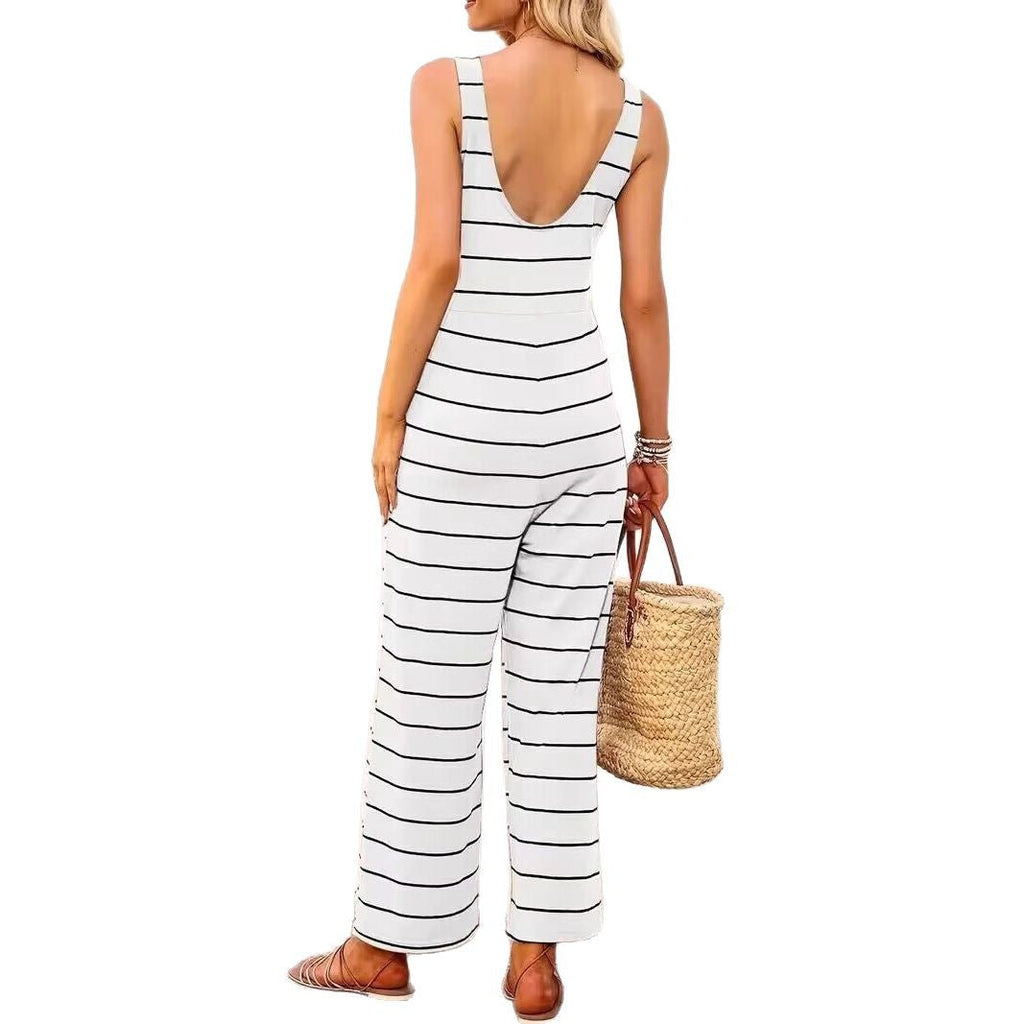 Women's Casual Wide-Leg Jumpsuit with Classic Stripe Pattern
