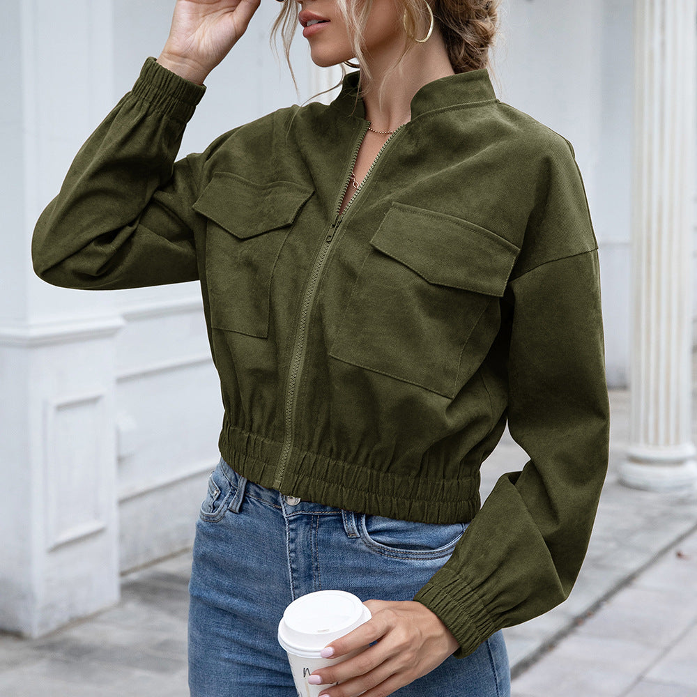Women's Bomber Jacket with Elastic Waist and Patch Pockets