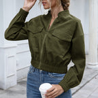 Women's Bomber Jacket with Elastic Waist and Patch Pockets