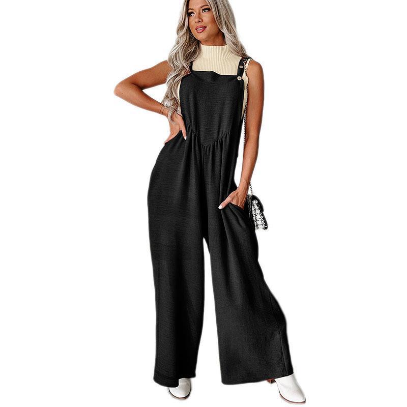 Women's Casual Wide-Leg Jumpsuit with Decorative Button Details