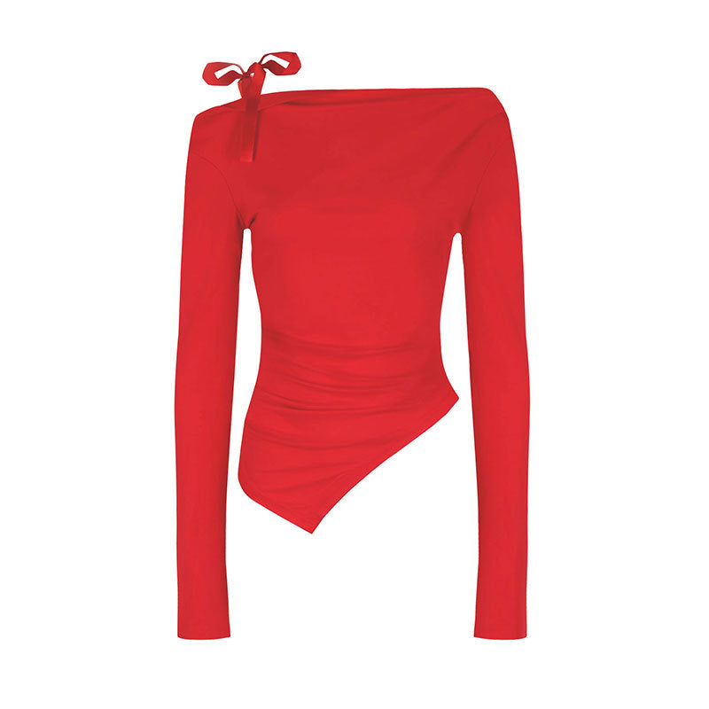 Women's Asymmetrical Long-Sleeve Top with Decorative Bow