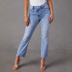 Women's Flared Jeans with Frayed Hems and Distressed Effect