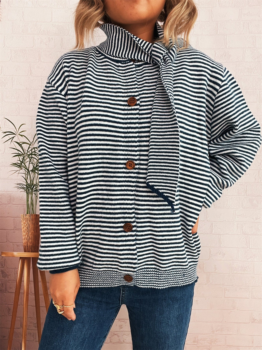 Striped Cardigan with Modern Collar and Button Closure