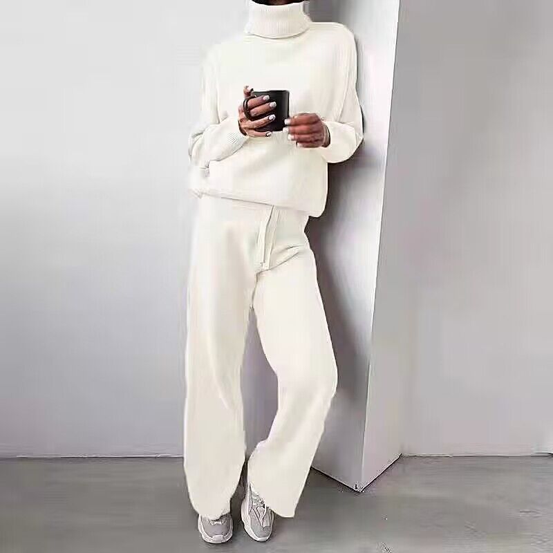 Women's Elegant Knit Loungewear Set with High Neck and Wide Leg