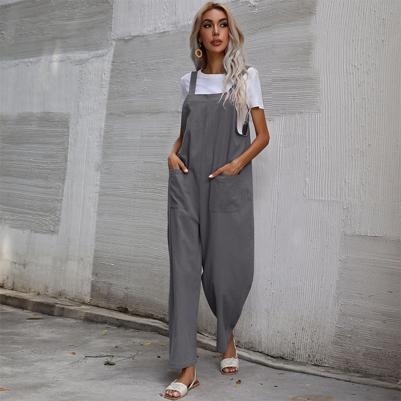 Women's Casual Jumpsuit with Pockets and Adjustable Straps