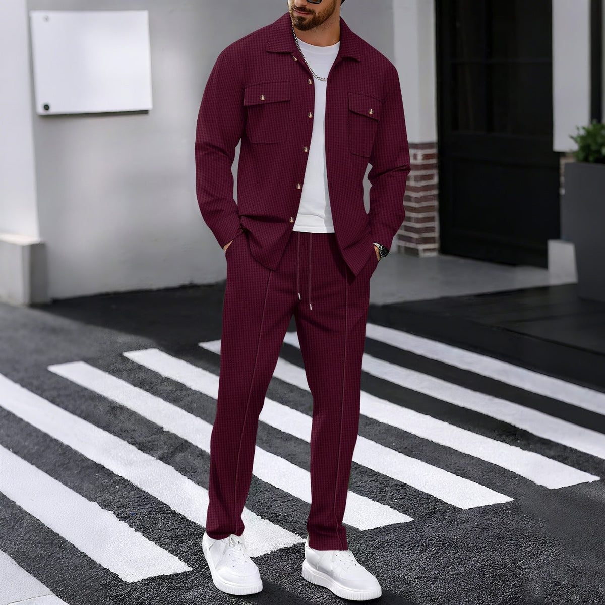Men's Waffle Structure Shirt Jacket and Relax Pants Set