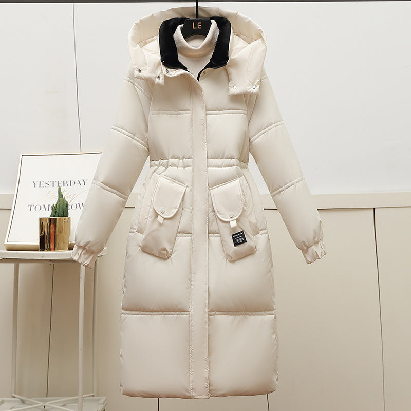 Women's Long Puffer Jacket with Detachable Hood and Large Pockets
