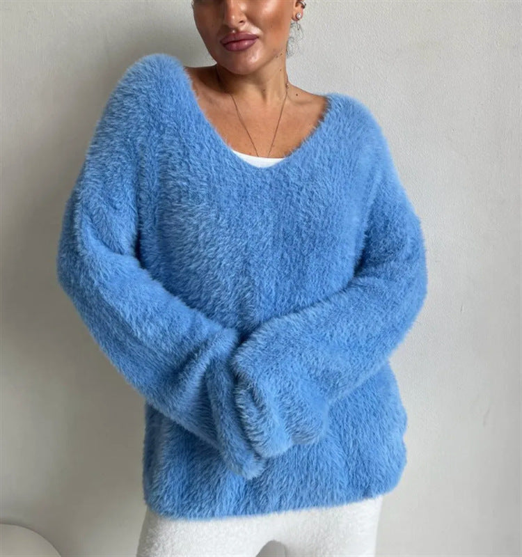 Women's Fluffy V-Neck Sweater
