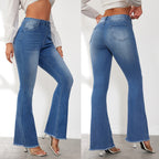Women's High-Waisted Flared Jeans with Fringed Hems