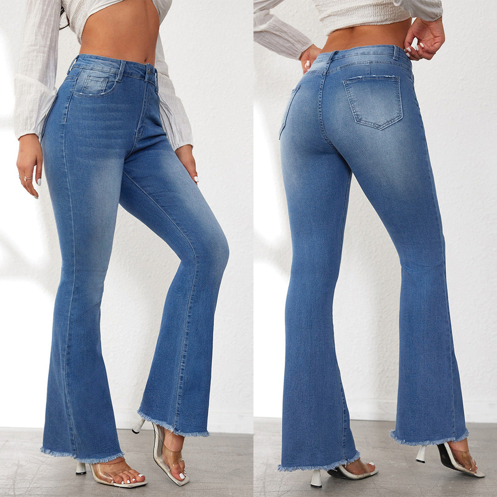 Women's High-Waisted Flared Jeans with Fringed Hems