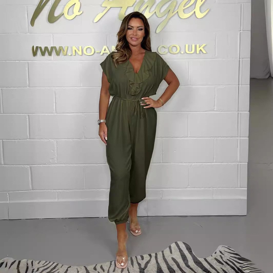 Women's Elegant Overall with V-Neck and Casual Half-Sleeves