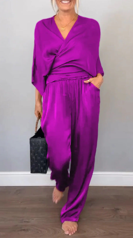 Women's Elegant Wrap Top with Wide Cut and Matching Palazzo Pants