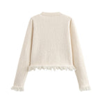 Women's Bouclé Jacket with Elegant Bows and Fringes