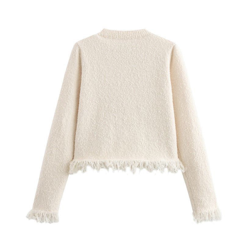 Women's Bouclé Jacket with Elegant Bows and Fringes