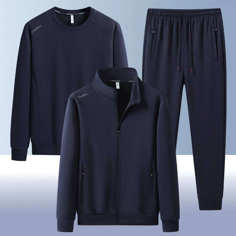 Men's two-piece training set with stand-up collar zip jacket, round neck sweatshirt, and tapered jogging pants
