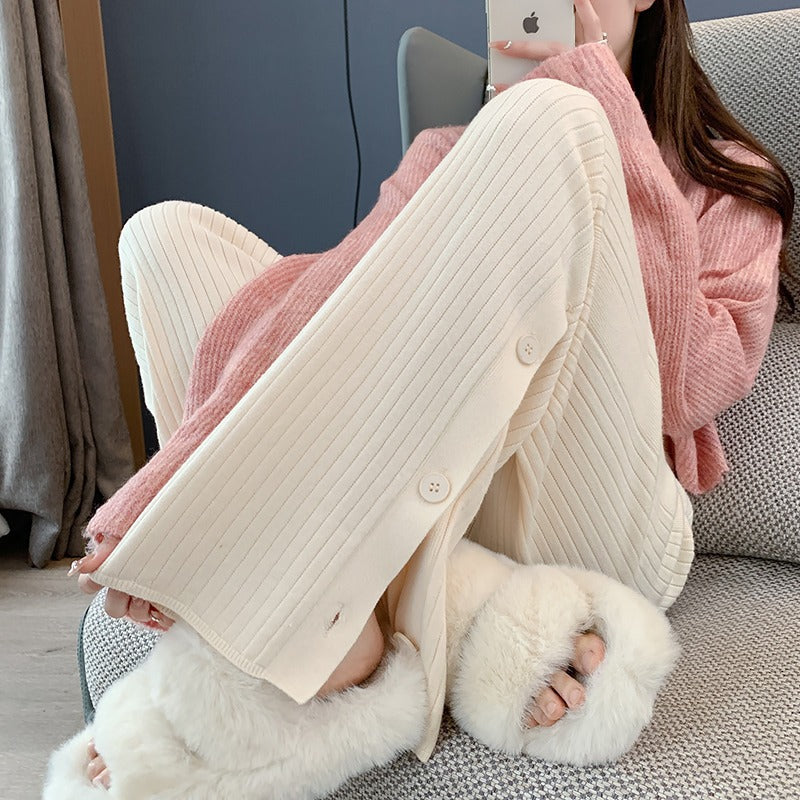 Women's Elegant Knit Pants with Decorative Button Details