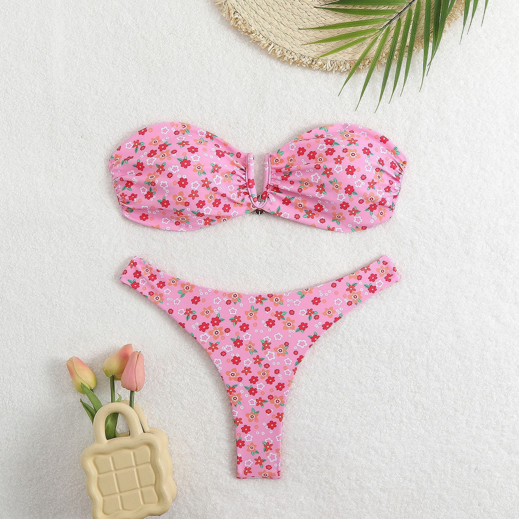 Women's Bandeau Bikini with Floral Design and Elegant Closure