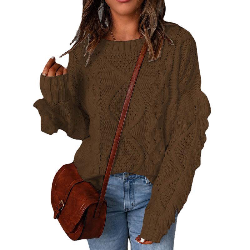Women's Chunky Knit Sweater with Dropped Shoulders and Elastic Cuffs