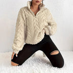 Women's Fluffy Oversized Zip-Up Pullover with Ribbed Texture