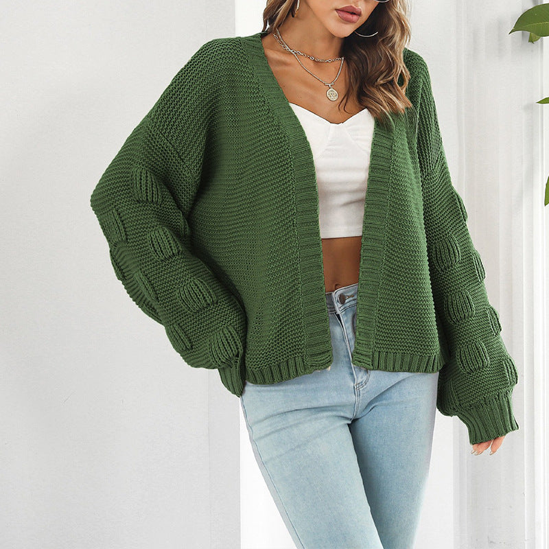 Women's Chunky Knit Cardigan with Wide Sleeves and V-Neck