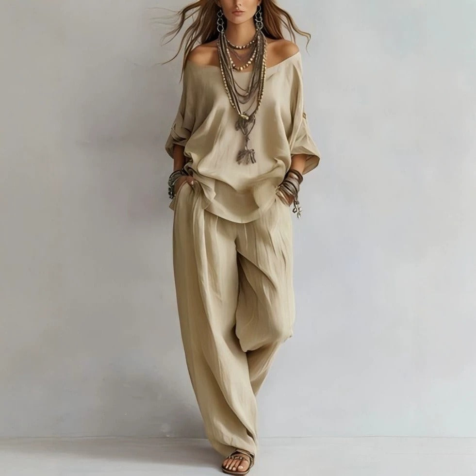 Women's Casual Lightweight Lounge Set with Off-the-Shoulder Neckline and Palazzo Pants