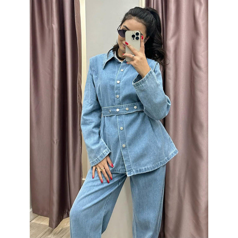 Women's Vintage-Style Denim Blazer Set with Waist Belt