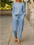 Women's Casual Two-Piece Linen Outfit with Wide Waistband