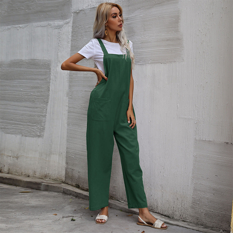 Women's Casual Jumpsuit with Pockets and Adjustable Straps