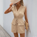 Women's V-Neck Jumpsuit with Practical Pockets