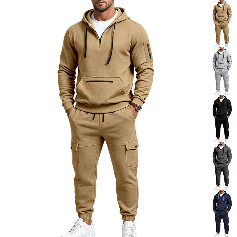 Men's Two-Piece Fleece Loungewear Set with Half-Zip Hoodie and Cargo Joggers