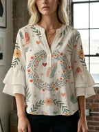 Women's Blouse with Voluminous Flutter Sleeves and Leaf Print