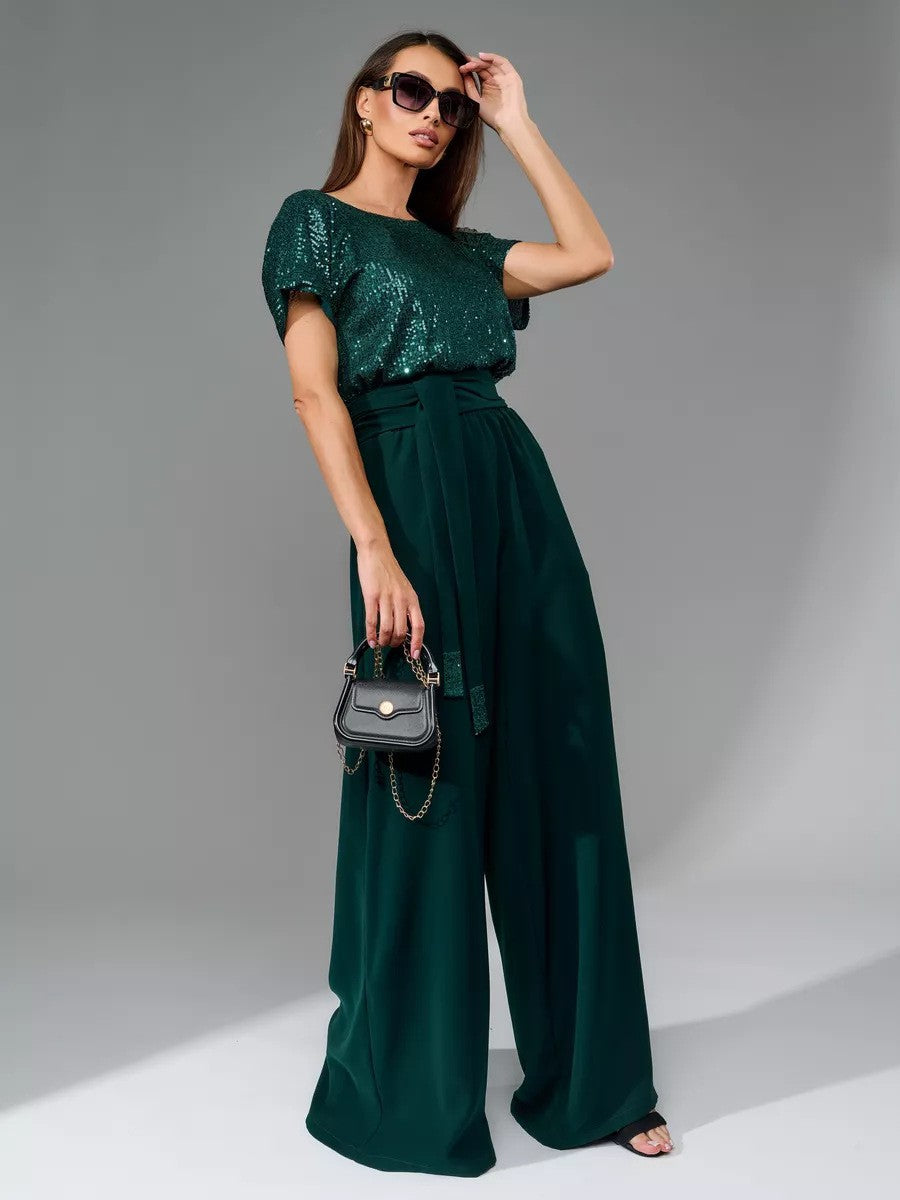 Glittering Wide-Leg Jumpsuit with Waist Belt