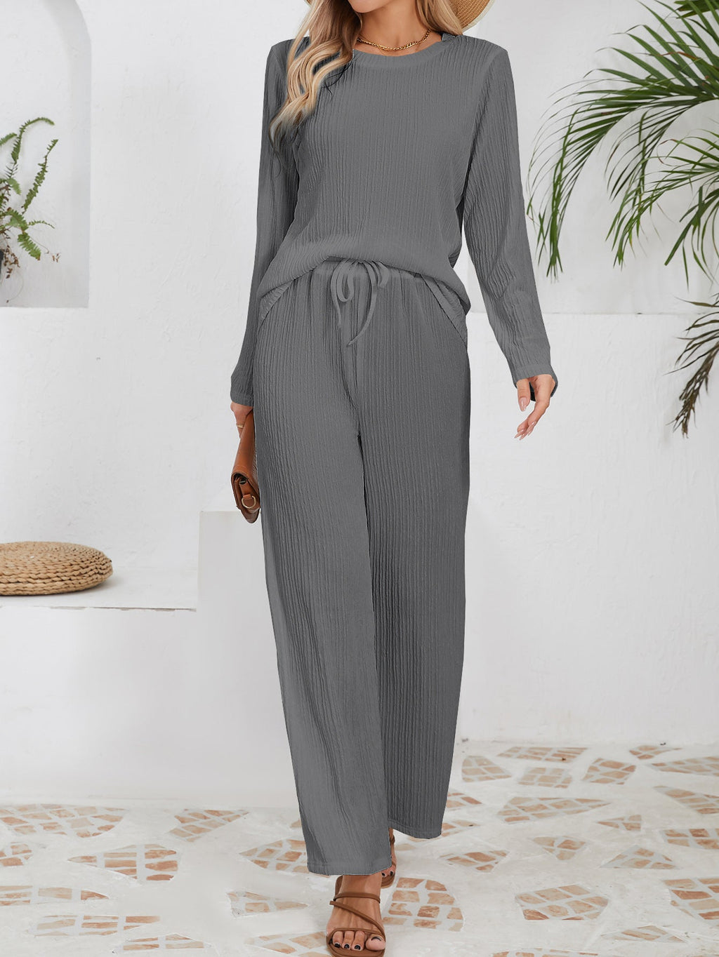 Women's Casual Ribbed Lounge Set with Elastic Waist