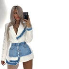Women's Fashionable Blazer and Skirt Set with Denim Design