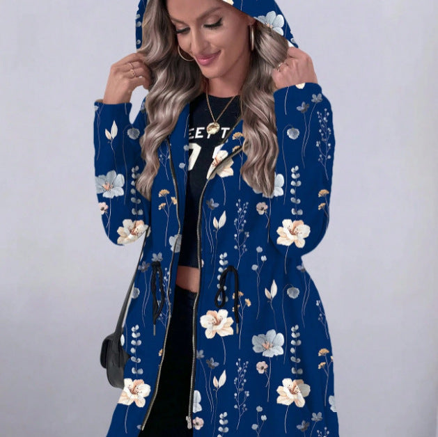 Women's Floral Print Coat with Hood and Full-Length Zipper